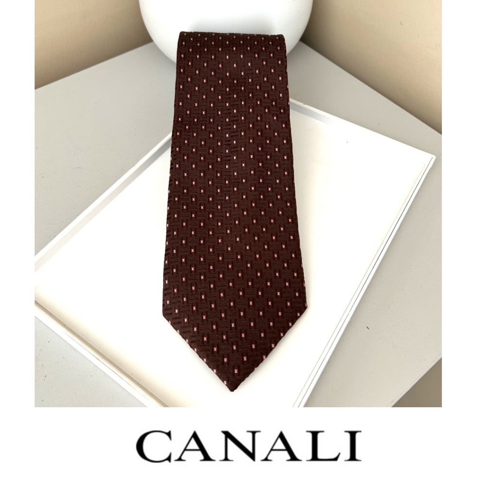 Canali Brown/Pink Micro Pattern 3.5” Wide Silk Tie Made in Italy